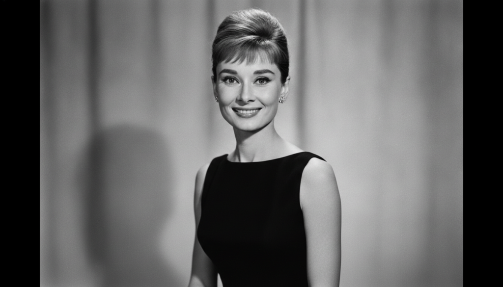 A classic portrait of Audrey Hepburn smiling elegantly with her signature style