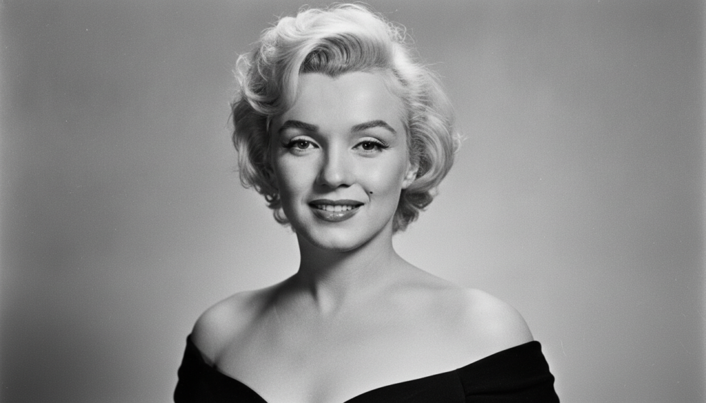 A black and white portrait of Marilyn Monroe from her classic Hollywood era smiling with her signature blonde curls