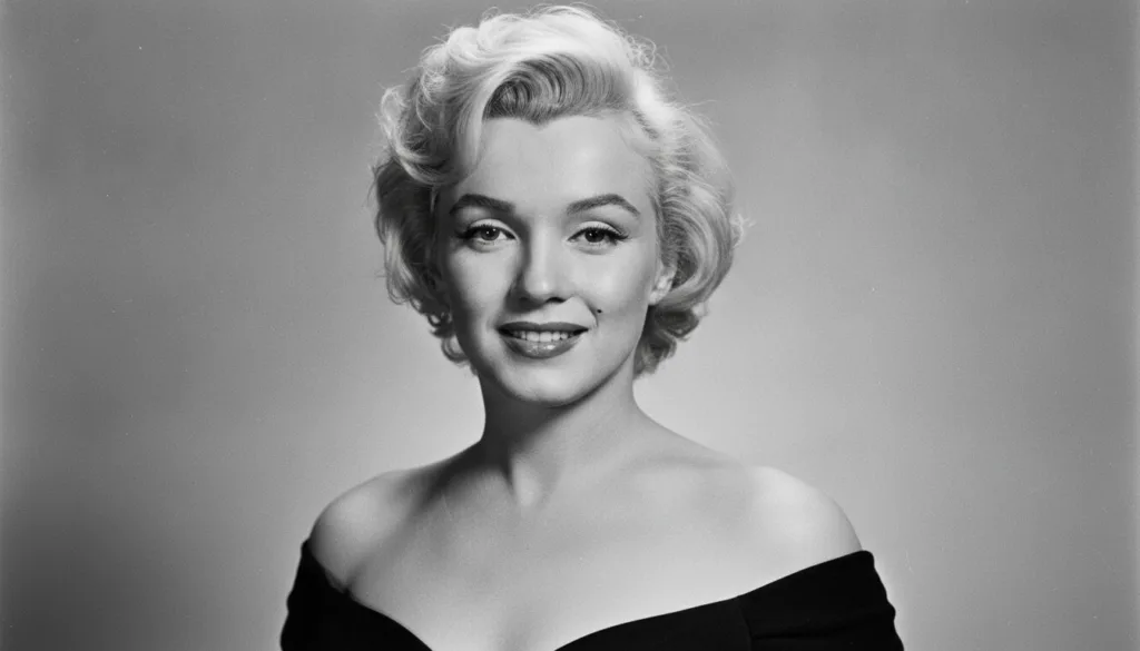 A black and white portrait of Marilyn Monroe from her classic Hollywood era smiling with her signature blonde curls