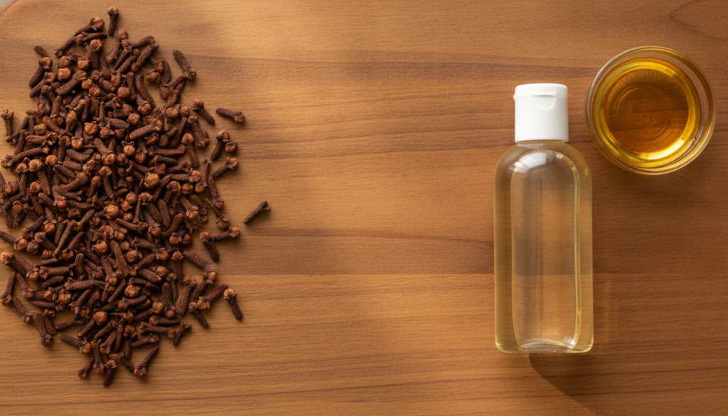 A close-up of cloves and a bottle of baby oil on a rustic wooden surface with a small bowl of a homemade oil blend illus