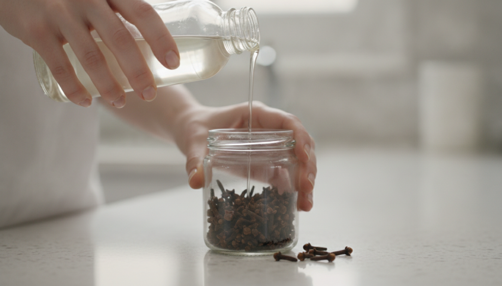 Hands pouring baby oil over whole cloves in a small glass jar demonstrating the first step of the Botox Oil recipe creat