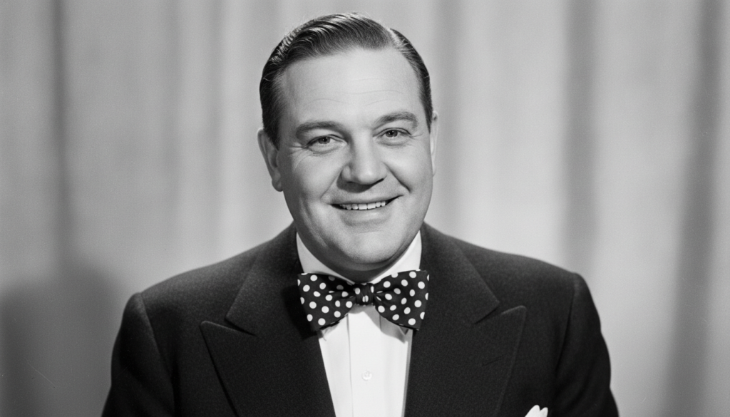 A black and white publicity photo of a smiling Oliver Hardy wearing a suit and a polka-dotted bow tie looking directly a