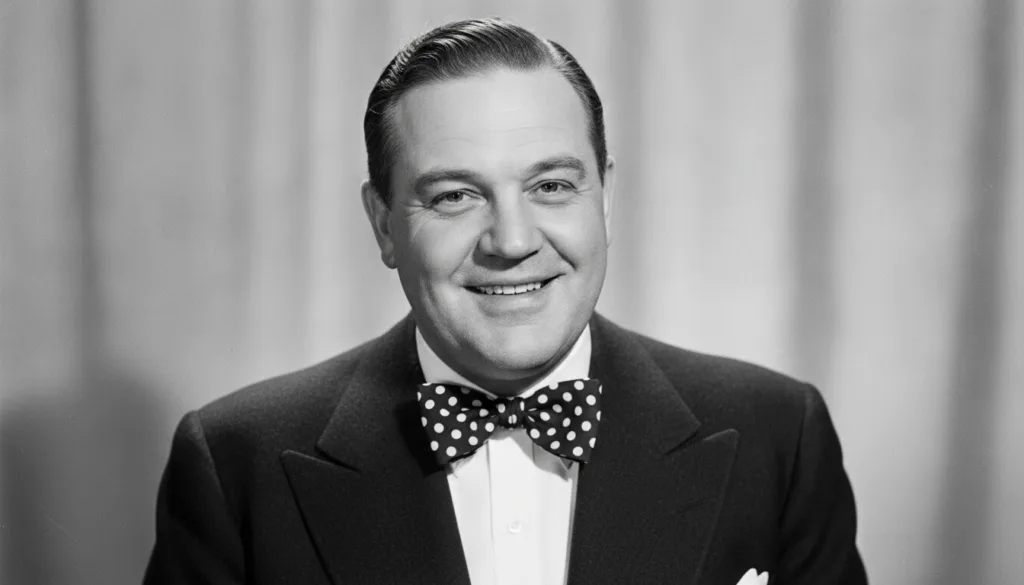 A black and white publicity photo of a smiling Oliver Hardy wearing a suit and a polka-dotted bow tie looking directly a