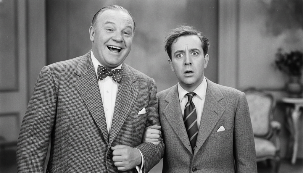 A black and white still of Laurel and Hardy with Oliver Hardy smiling broadly wearing a suit and a bow tie and Stan Laur