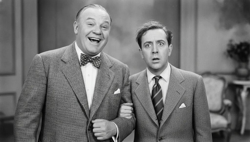 A black and white still of Laurel and Hardy with Oliver Hardy smiling broadly wearing a suit and a bow tie and Stan Laur