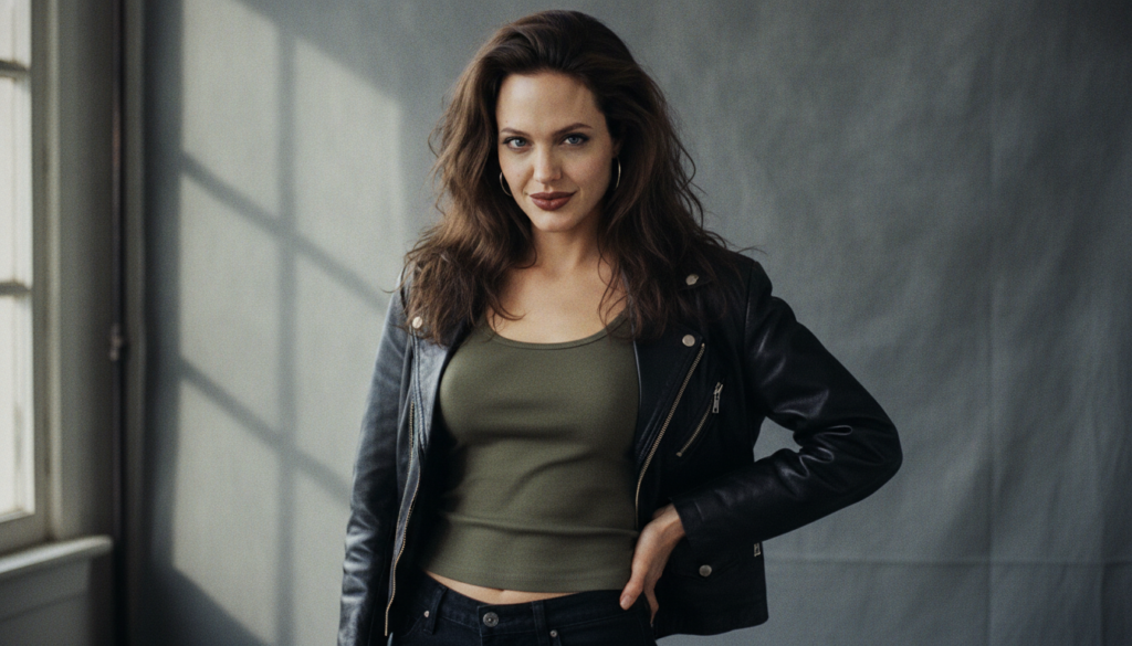 A real publicity photo of Angelina Jolie from the late 1990s or early 2000s perhaps from a film like Girl Interrupted or