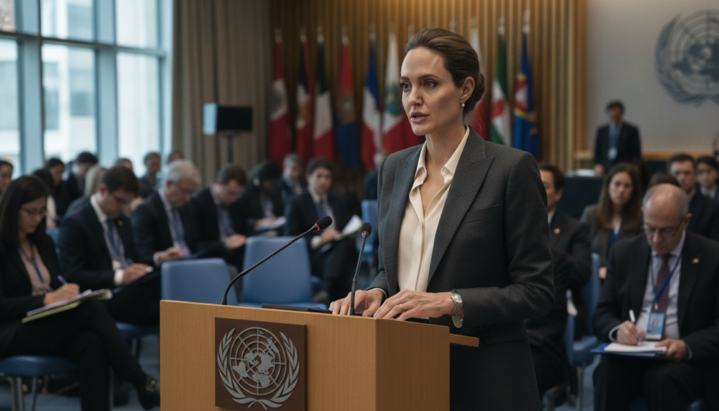 A real photo of Angelina Jolie at a UN event or engaged in humanitarian work dressed professionally and looking focused