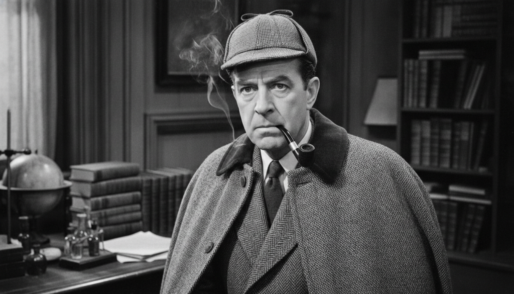 Real film still of Basil Rathbone as Sherlock Holmes wearing a deerstalker hat and smoking a pipe