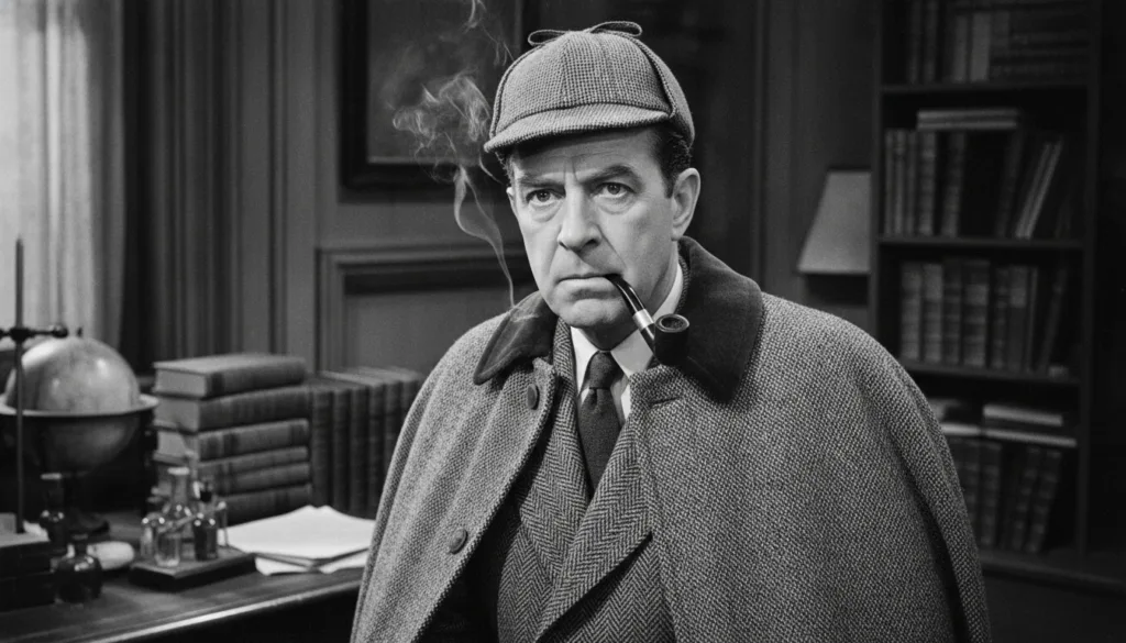 Real film still of Basil Rathbone as Sherlock Holmes wearing a deerstalker hat and smoking a pipe