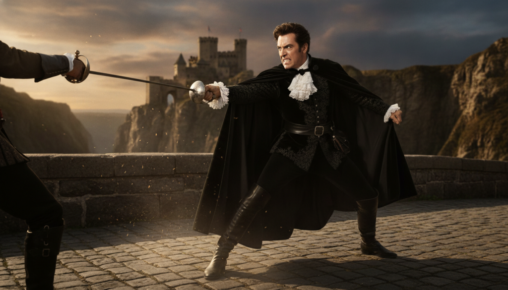 Real film still of Basil Rathbone in a villainous role possibly from The Adventures of Robin Hood or The Mark of Zorro p