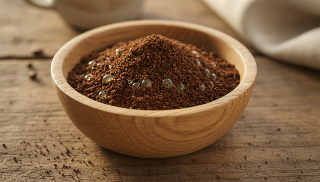 A close-up of a bowl containing instant coffee grounds mixed with baby oil next to a small spoon and a dropper bottle of