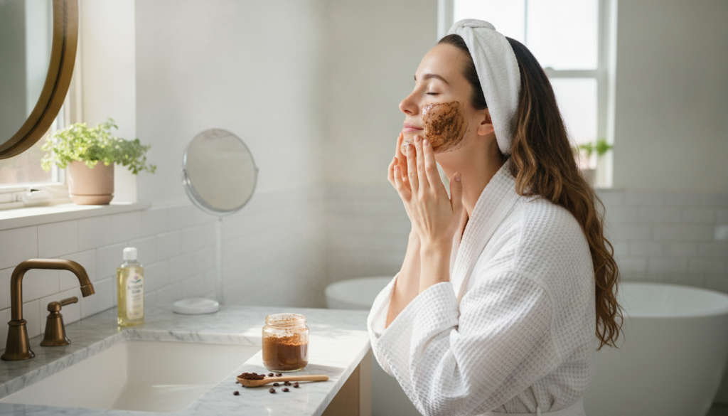 A woman gently massaging a coffee and baby oil mixture onto her cheek with a soft natural expression in a well-lit bathr