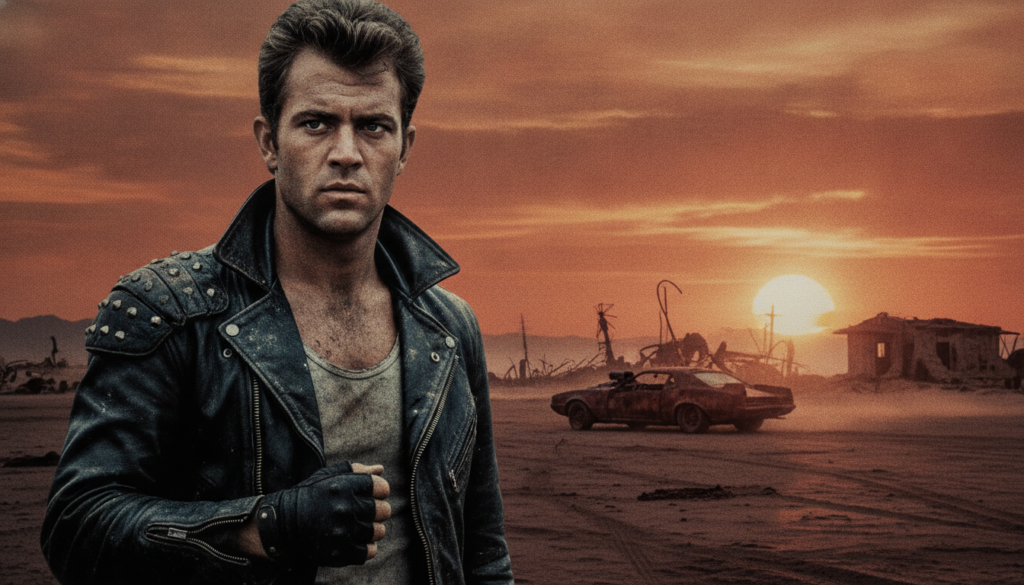 A movie poster for Mad Max featuring a young Mel Gibson in his iconic leather outfit looking determined