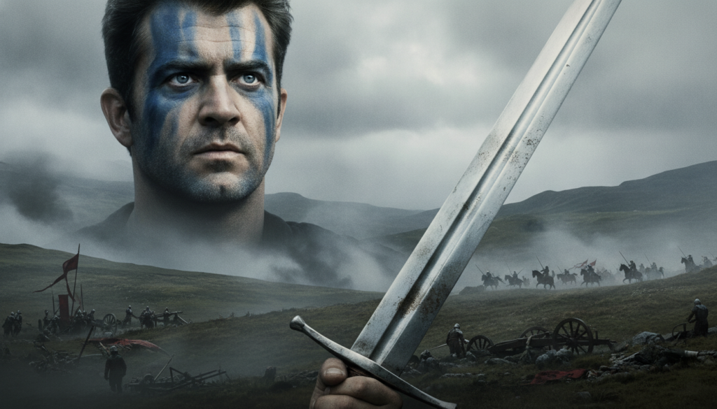 A movie poster for Braveheart featuring Mel Gibson as William Wallace mid-battle with a painted face