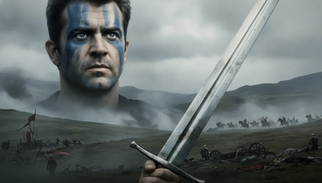 A movie poster for Braveheart featuring Mel Gibson as William Wallace mid-battle with a painted face