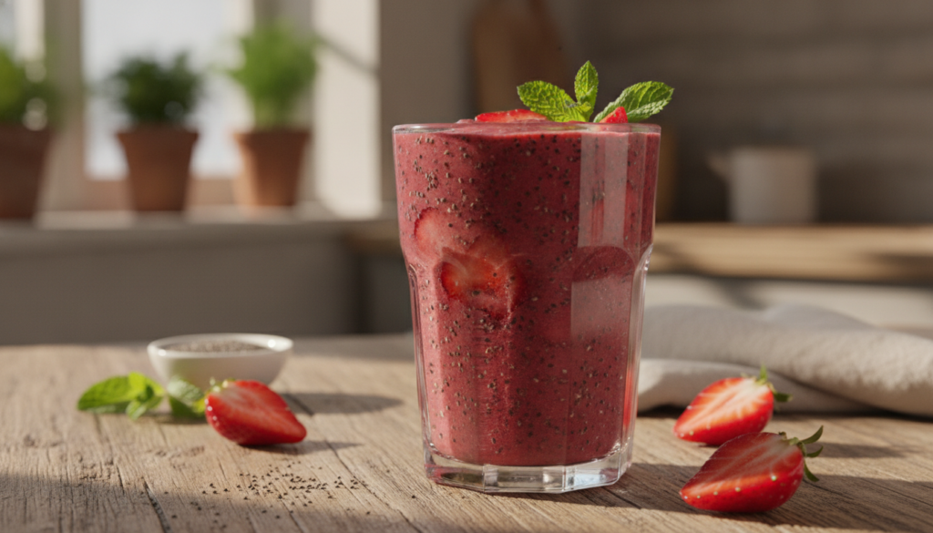 A vibrant and healthy-looking morning drink possibly a smoothie or juice in a clear glass with visible seeds like chia o