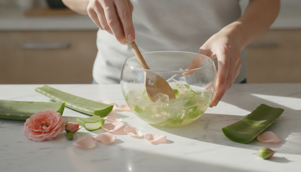A woman mixing natural ingredients in a bowl to create a homemade gel with fresh aloe vera leaves and rose petals nearby