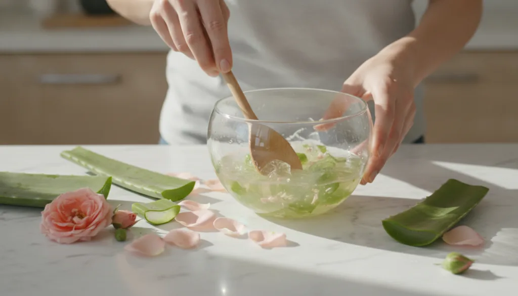 A woman mixing natural ingredients in a bowl to create a homemade gel with fresh aloe vera leaves and rose petals nearby