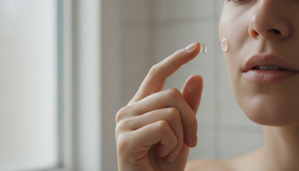 A woman s hand gently applying a translucent gel to her clean face demonstrating the usage of the homemade youthful skin