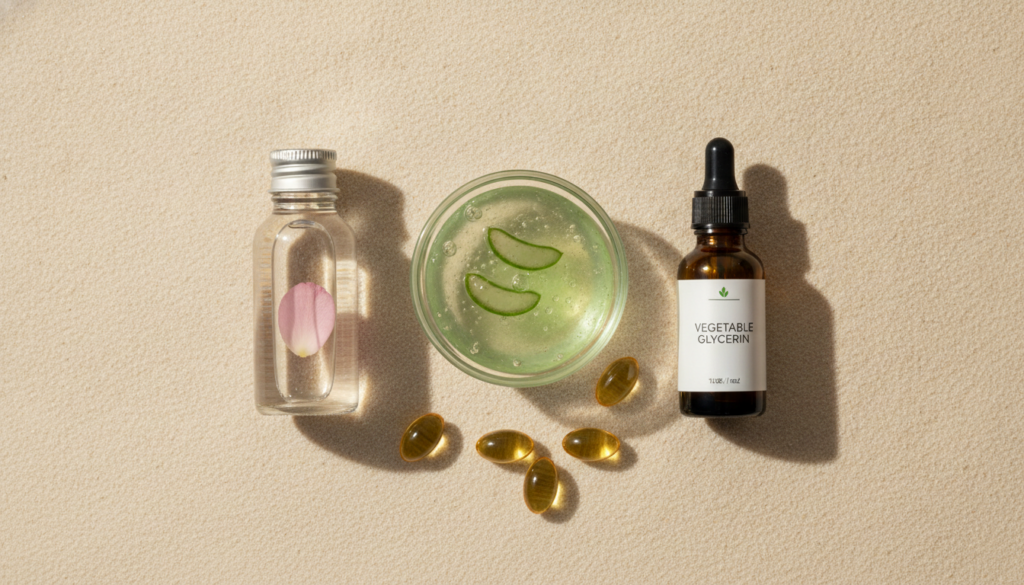 A flat lay of the ingredients for the youthful skin gel aloe vera gel in a small bowl a bottle of rose water a small bot