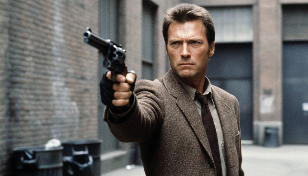 A real publicity photo of Clint Eastwood as Harry Callahan from Dirty Harry wearing a tweed jacket holding a large revol
