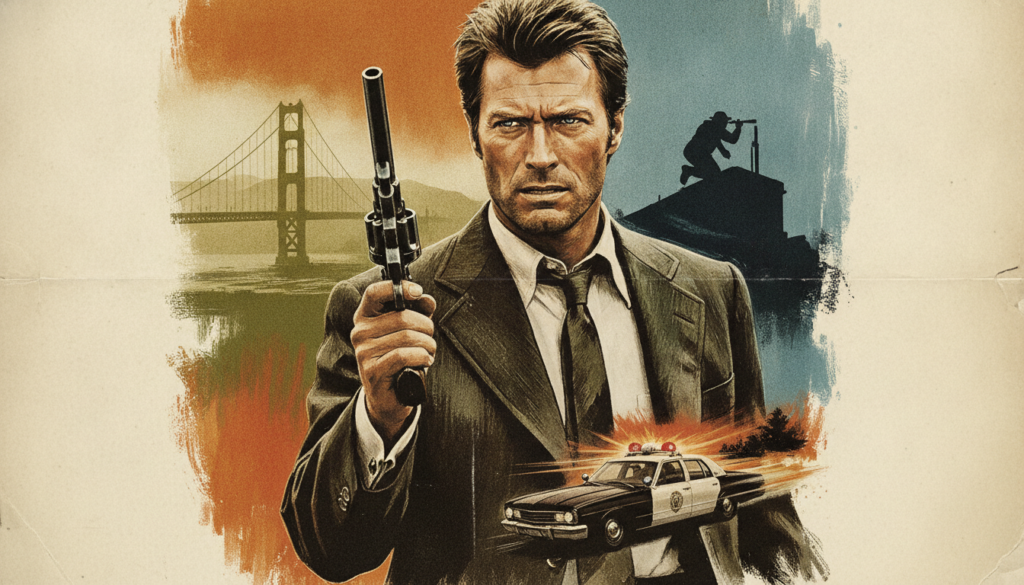 A real vintage movie poster for the film Dirty Harry 1971 featuring Clint Eastwood in a dramatic pose with a gun against