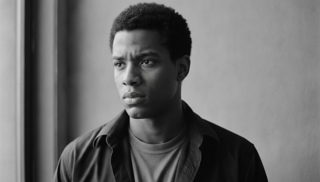 A black and white portrait of a young Denzel Washington from his early career looking thoughtful and determined