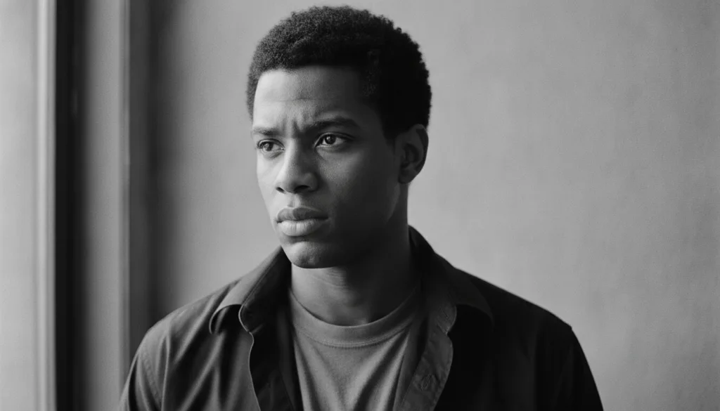 A black and white portrait of a young Denzel Washington from his early career looking thoughtful and determined