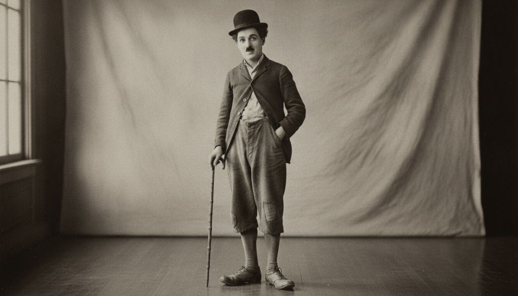 Charlie Chaplin dressed as The Tramp character wearing a bowler hat small mustache and carrying a cane in a black and wh