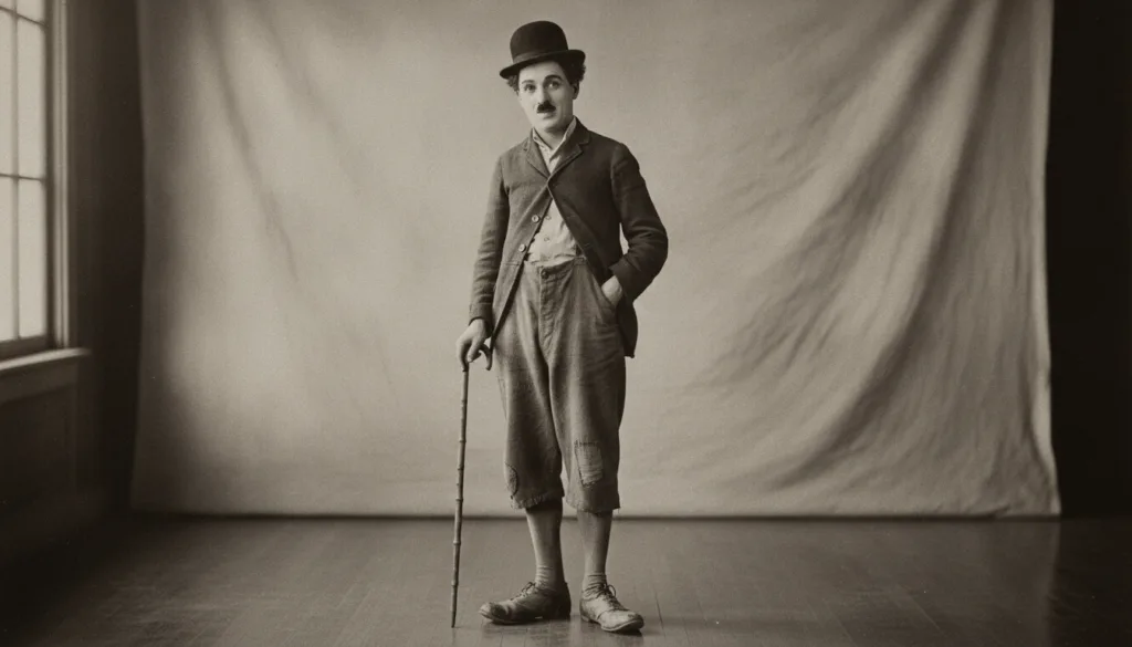 Charlie Chaplin dressed as The Tramp character wearing a bowler hat small mustache and carrying a cane in a black and wh