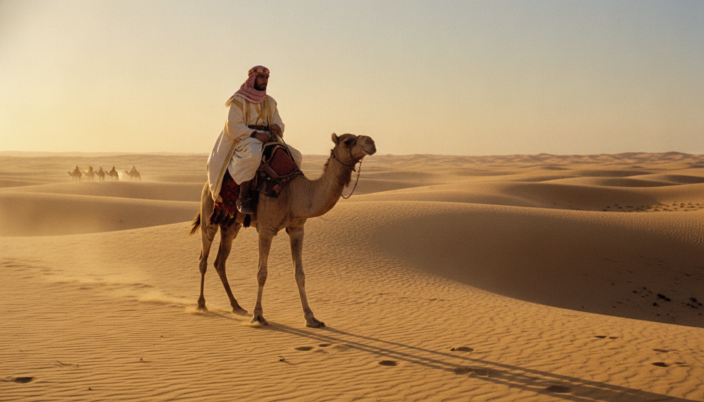 A real film still from Lawrence of Arabia showing Omar Sharif as Sherif Ali riding a camel across a desert landscape