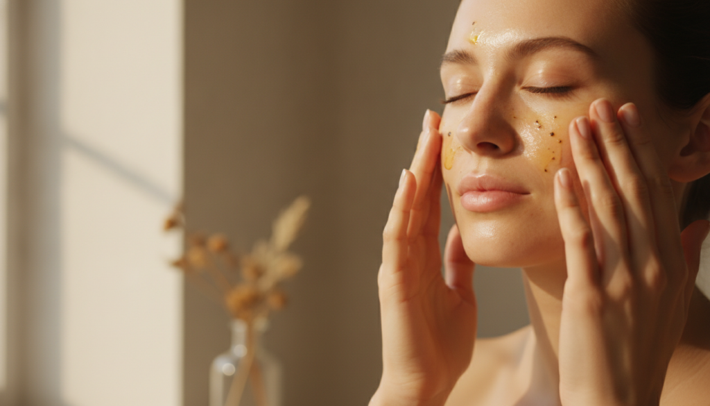A person gently massaging the homemade clove and baby oil elixir onto their clean face demonstrating application with a 