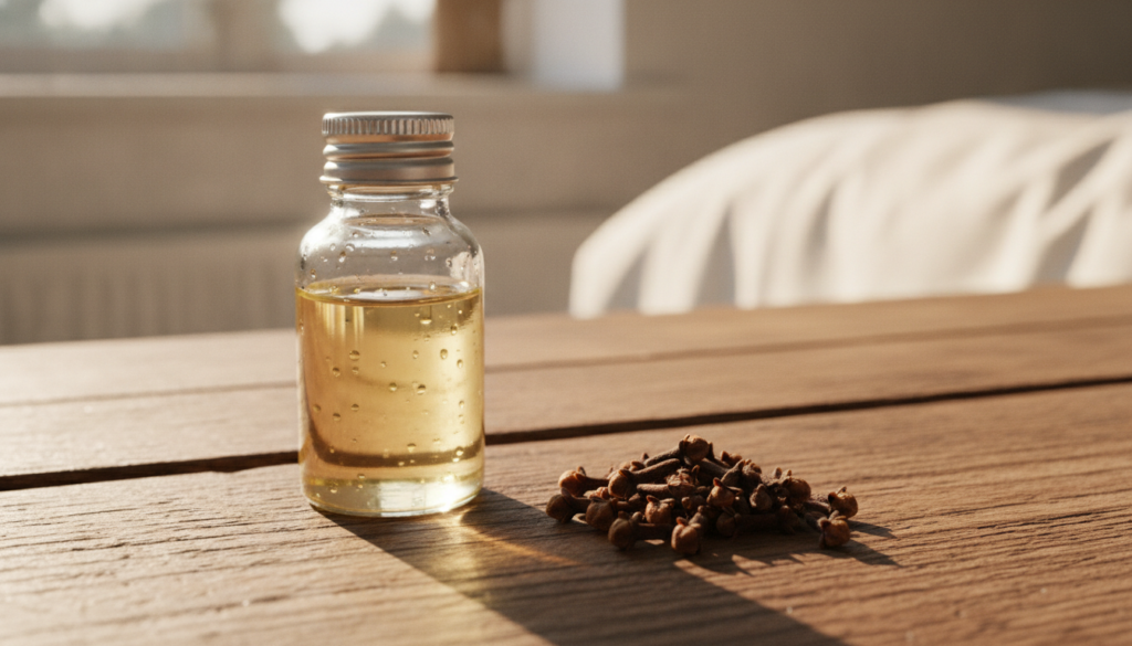 A close-up of a small glass bottle of baby oil and a handful of whole dried cloves on a rustic wooden surface with a sof