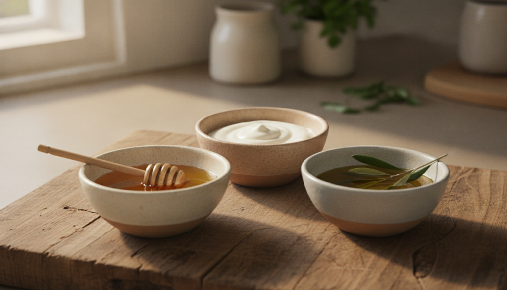 Three small separate bowls on a rustic wooden surface each containing one ingredient raw honey plain white yogurt and ol