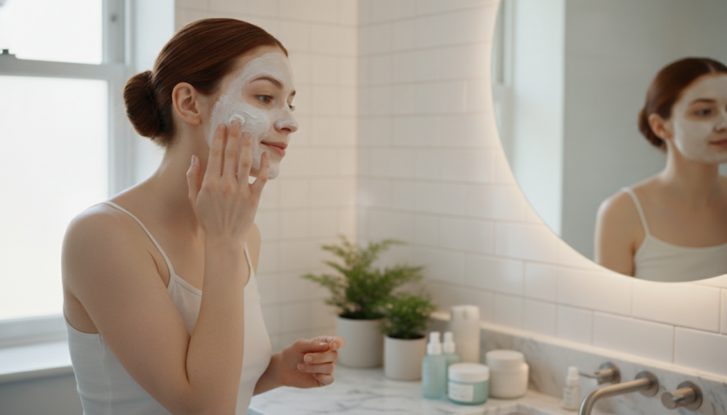 A woman with her hair pulled back gently applying a white creamy face mask to her cheek with her fingertips looking into
