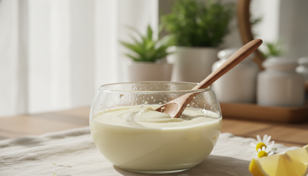 A close-up shot of a small glass bowl containing a creamy light yellow homemade face mask mixture with a wooden spoon re