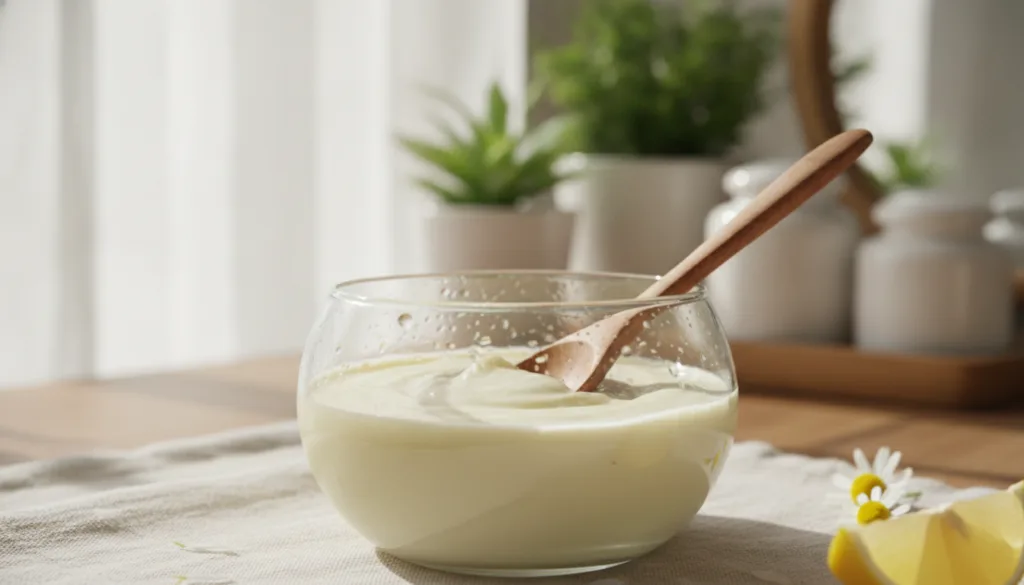 A close-up shot of a small glass bowl containing a creamy light yellow homemade face mask mixture with a wooden spoon re