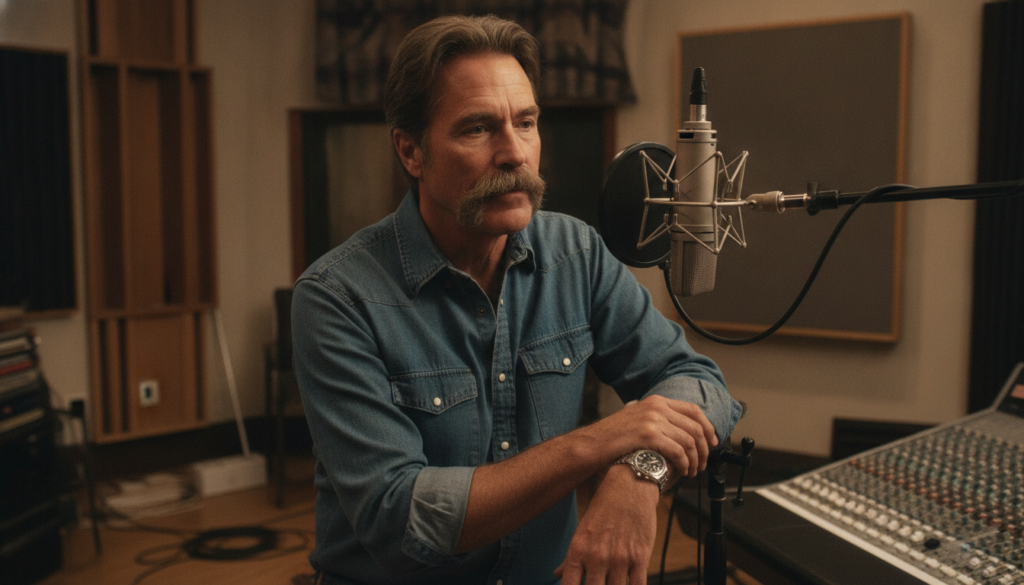 Sam Elliott in a recording studio speaking into a microphone capturing his deep resonant voice