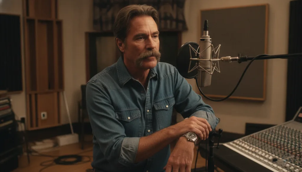 Sam Elliott in a recording studio speaking into a microphone capturing his deep resonant voice