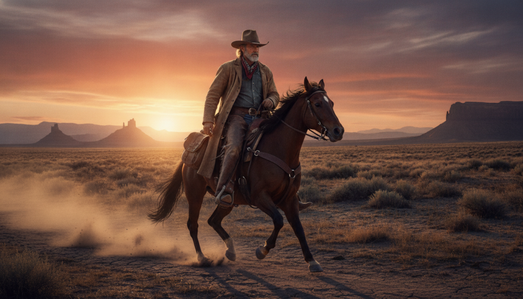 Sam Elliott in a classic Western film still wearing a cowboy hat and riding a horse across a vast landscape