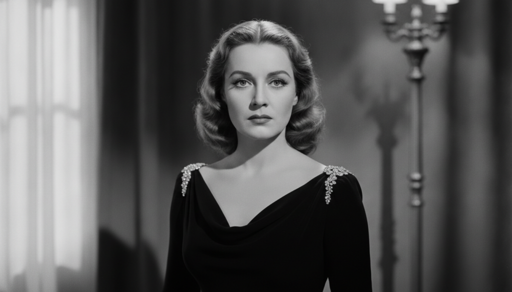 A black and white portrait of a classic Hollywood actress from the Golden Age perhaps Bette Davis looking sophisticated