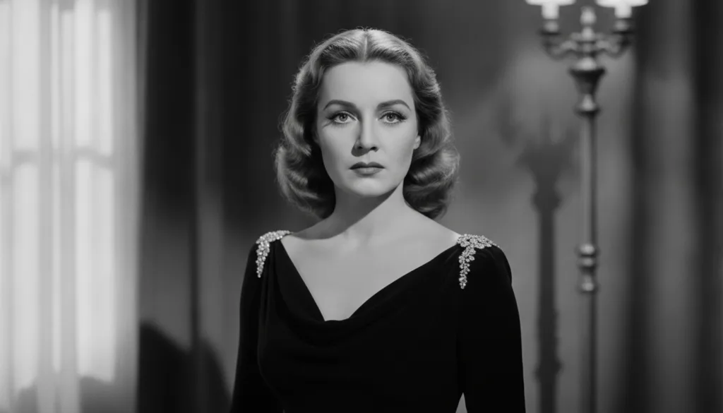 A black and white portrait of a classic Hollywood actress from the Golden Age perhaps Bette Davis looking sophisticated