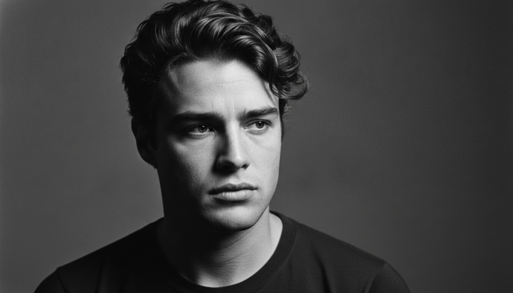 A black and white headshot of a young Marlon Brando with dark wavy hair and an intense gaze