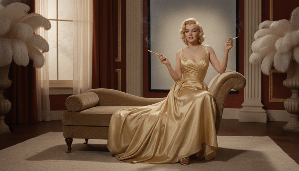 Marilyn Monroe posing in a glamorous dress from the 1950s illustrating her iconic style