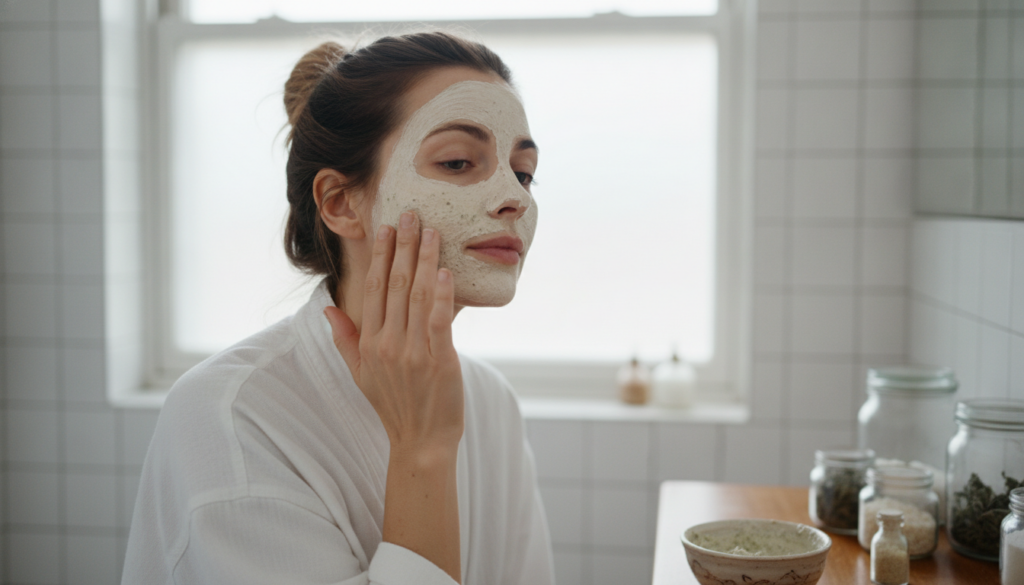 A woman applying a homemade mask to her face with gentle upward strokes in a brightly lit bathroom She has a serene expr