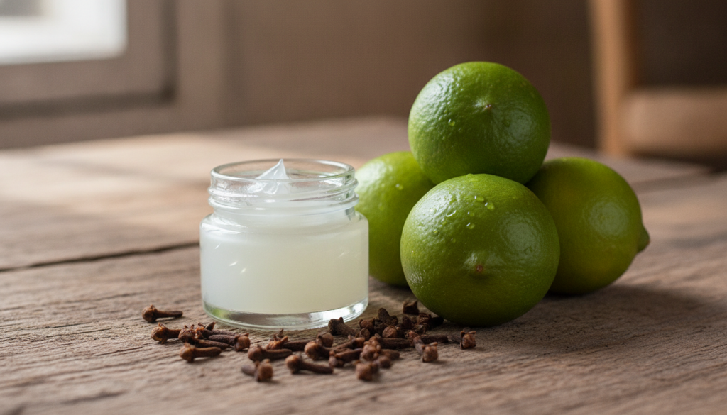 A close-up shot of the three main ingredients a small jar of Vaseline Original Protecting Jelly fresh green limes some s