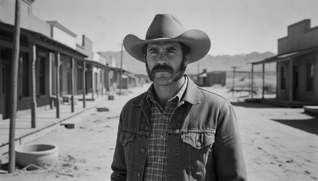 A real archival photo of Sam Elliott from an early Western film showing him with his signature mustache in a cowboy sett