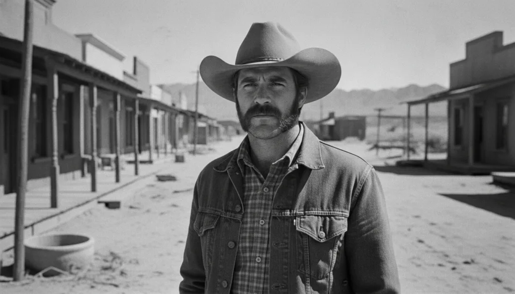 A real archival photo of Sam Elliott from an early Western film showing him with his signature mustache in a cowboy sett