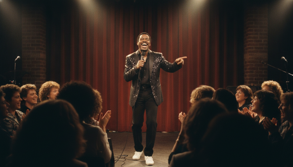 A real publicity photo of Eddie Murphy performing stand-up comedy in the 1980s holding a microphone