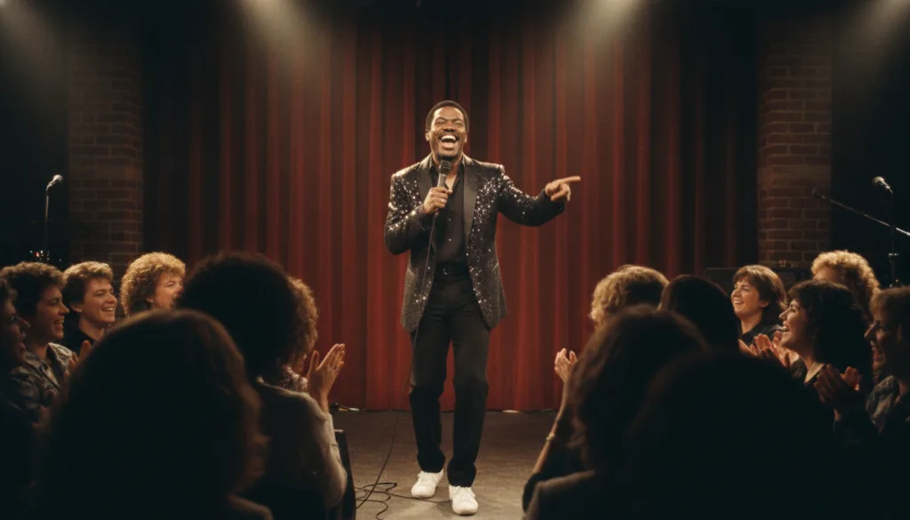 A real publicity photo of Eddie Murphy performing stand-up comedy in the 1980s holding a microphone